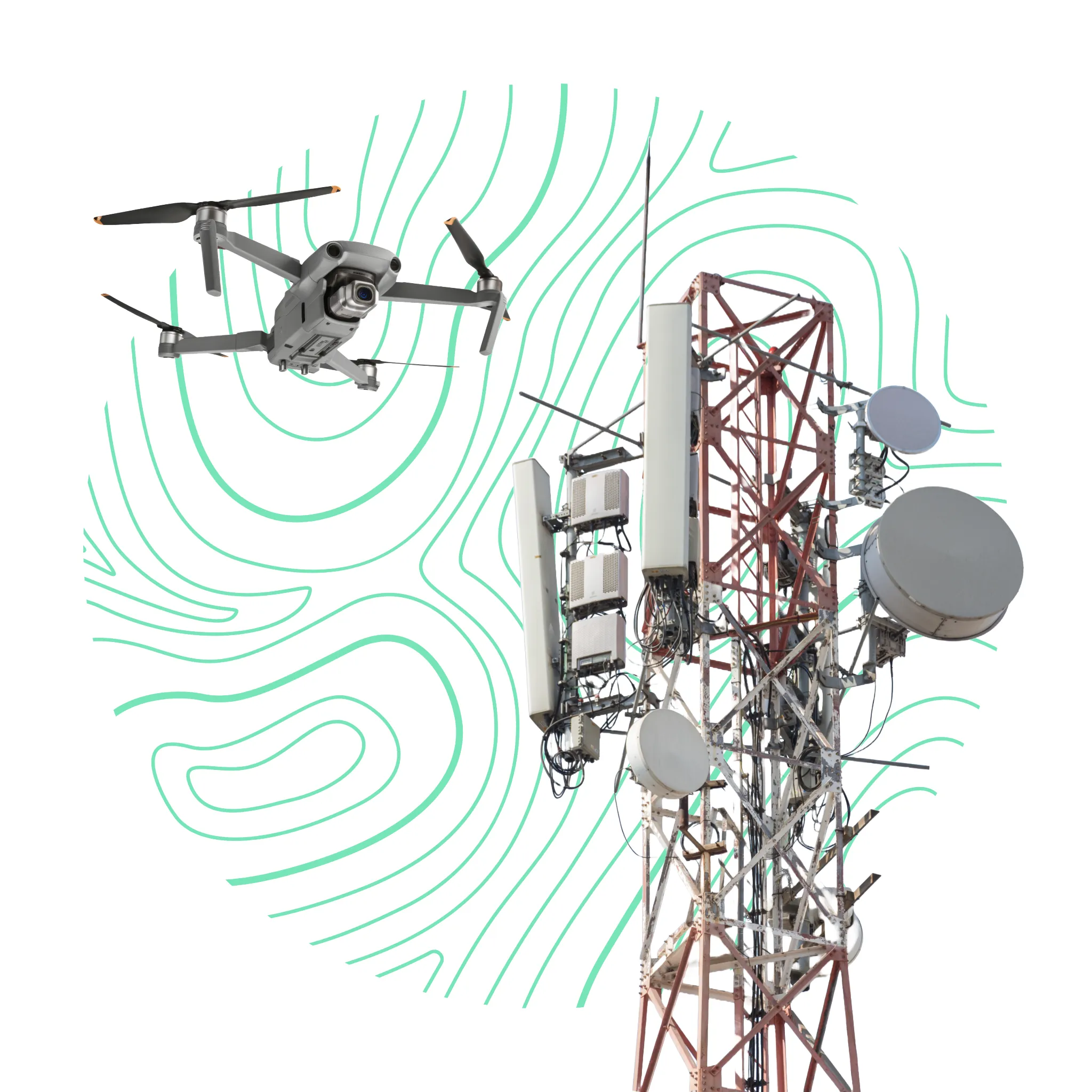 Dron inspeccionando una antena de telecomunicaciones para mantenimiento.