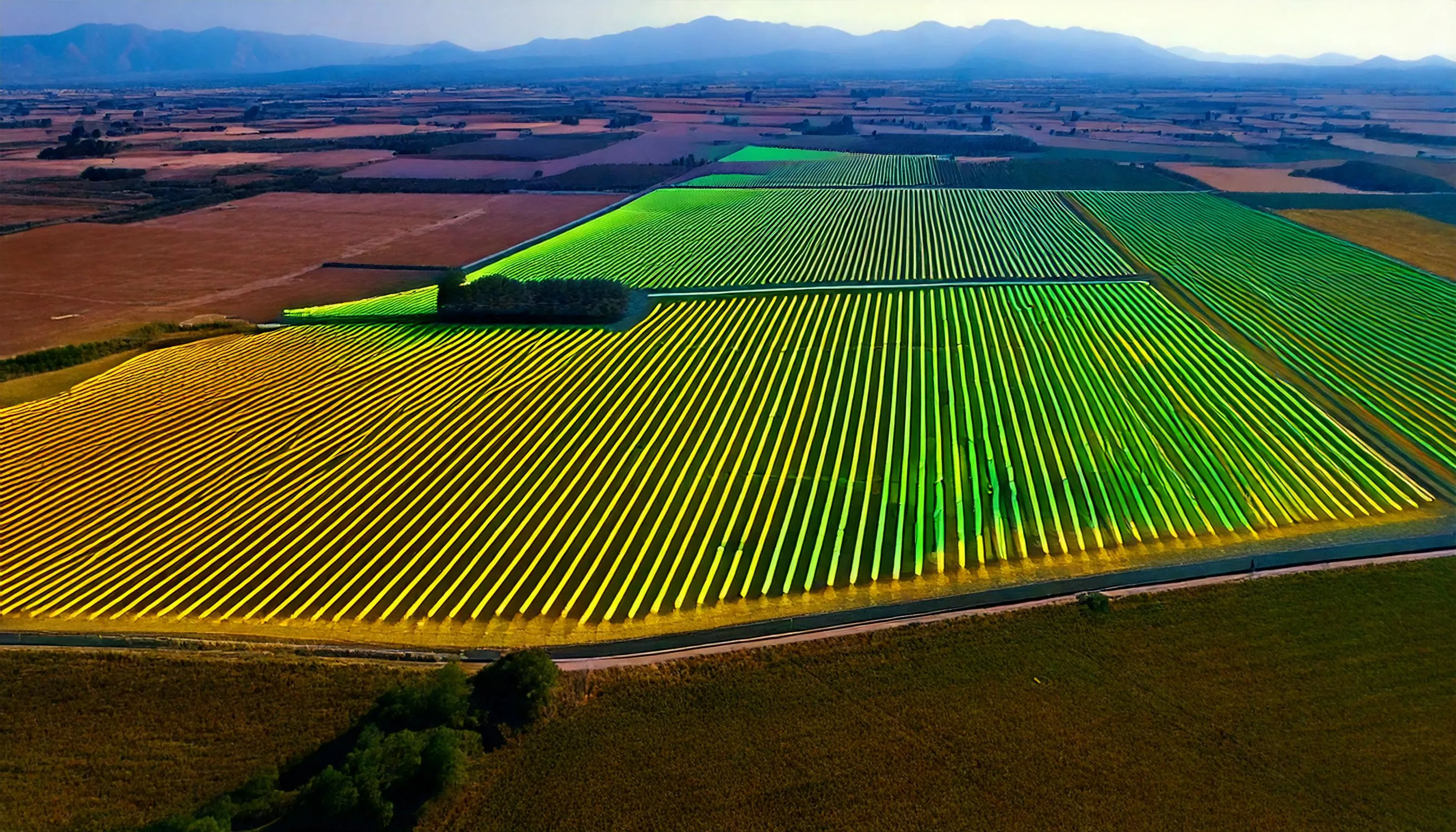 Campo agrícola monitoreado con tecnología de drones para optimizar la producción.
