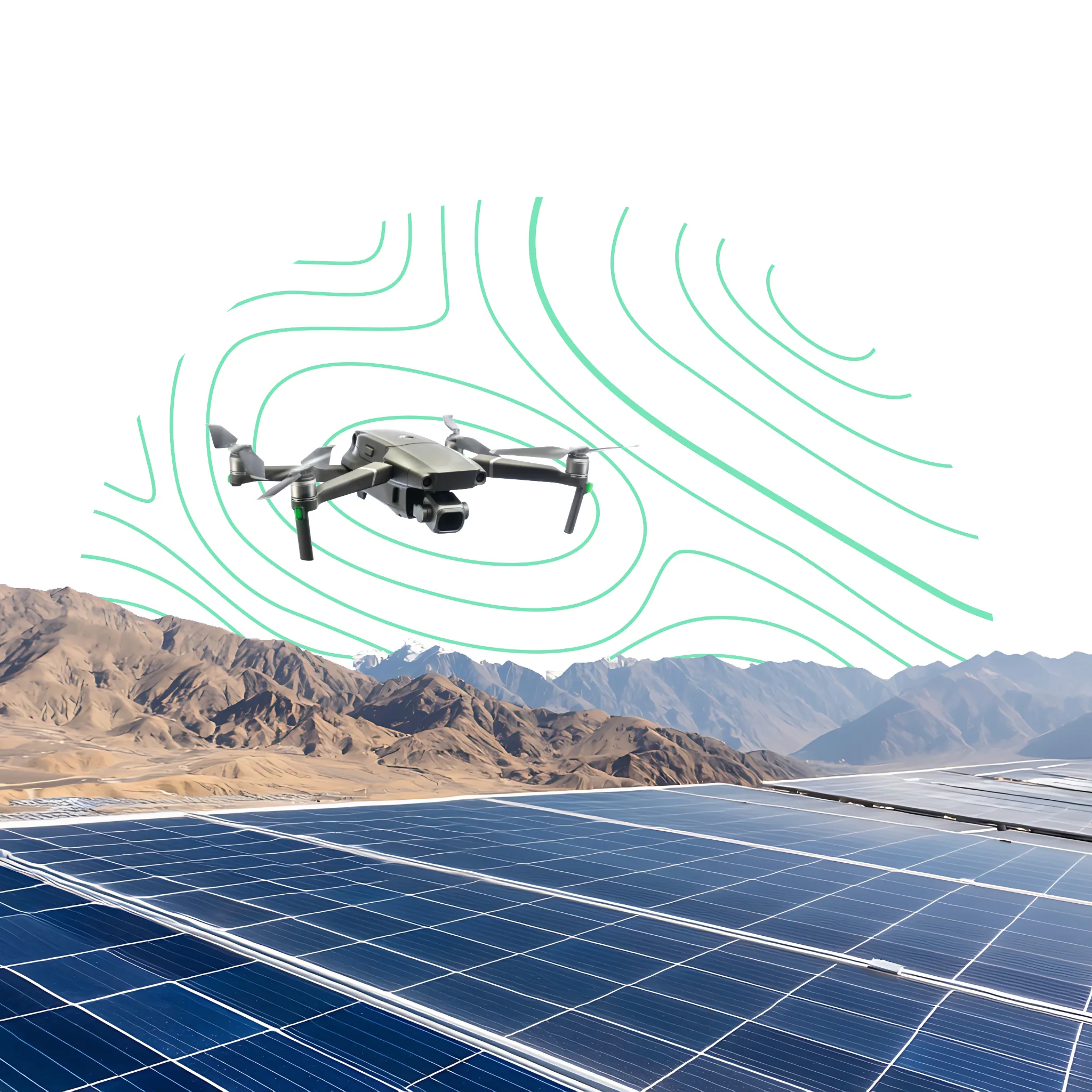 Campo de paneles solares inspeccionado mediante drones para eficiencia energética.