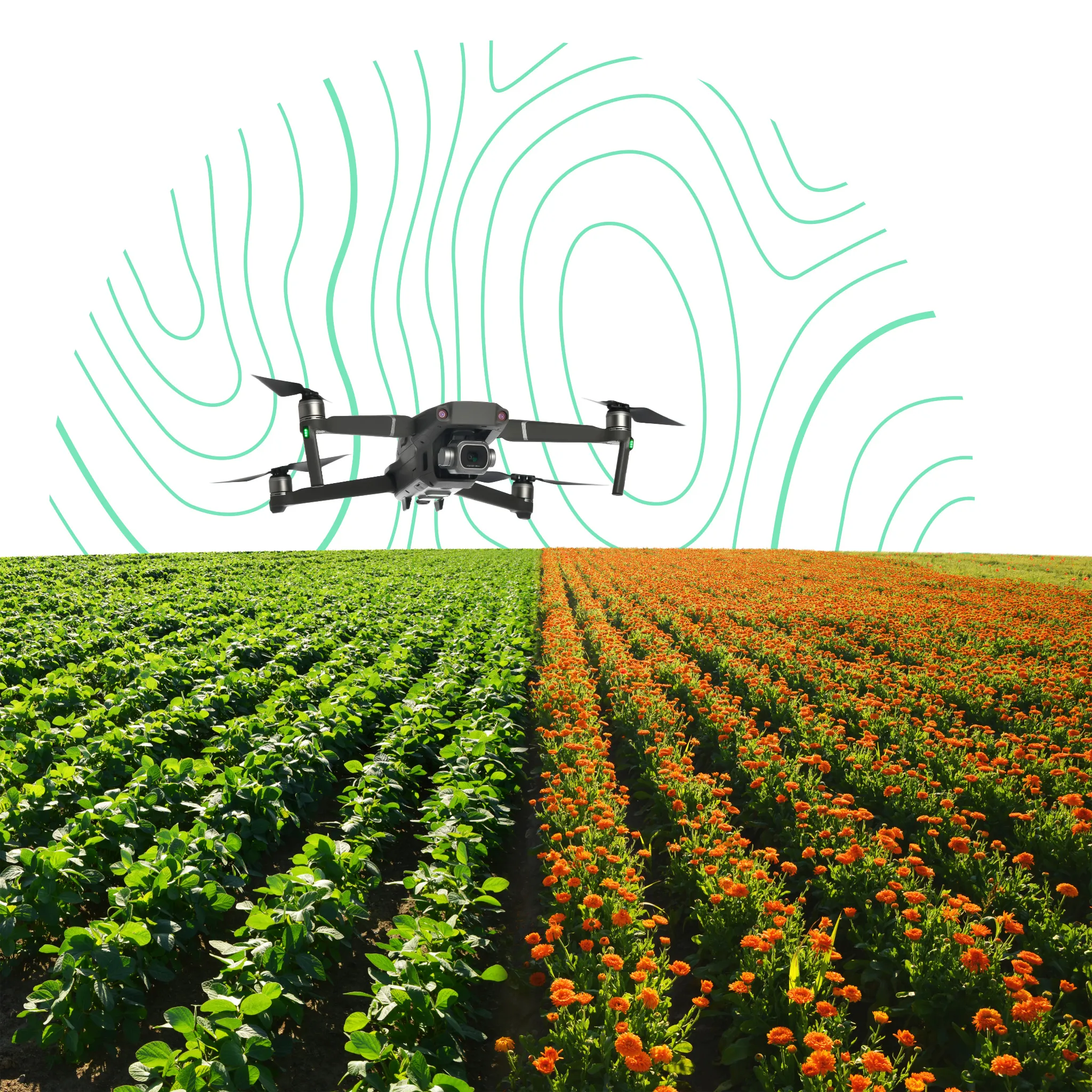 Dron sobrevolando un campo para análisis geoespacial.