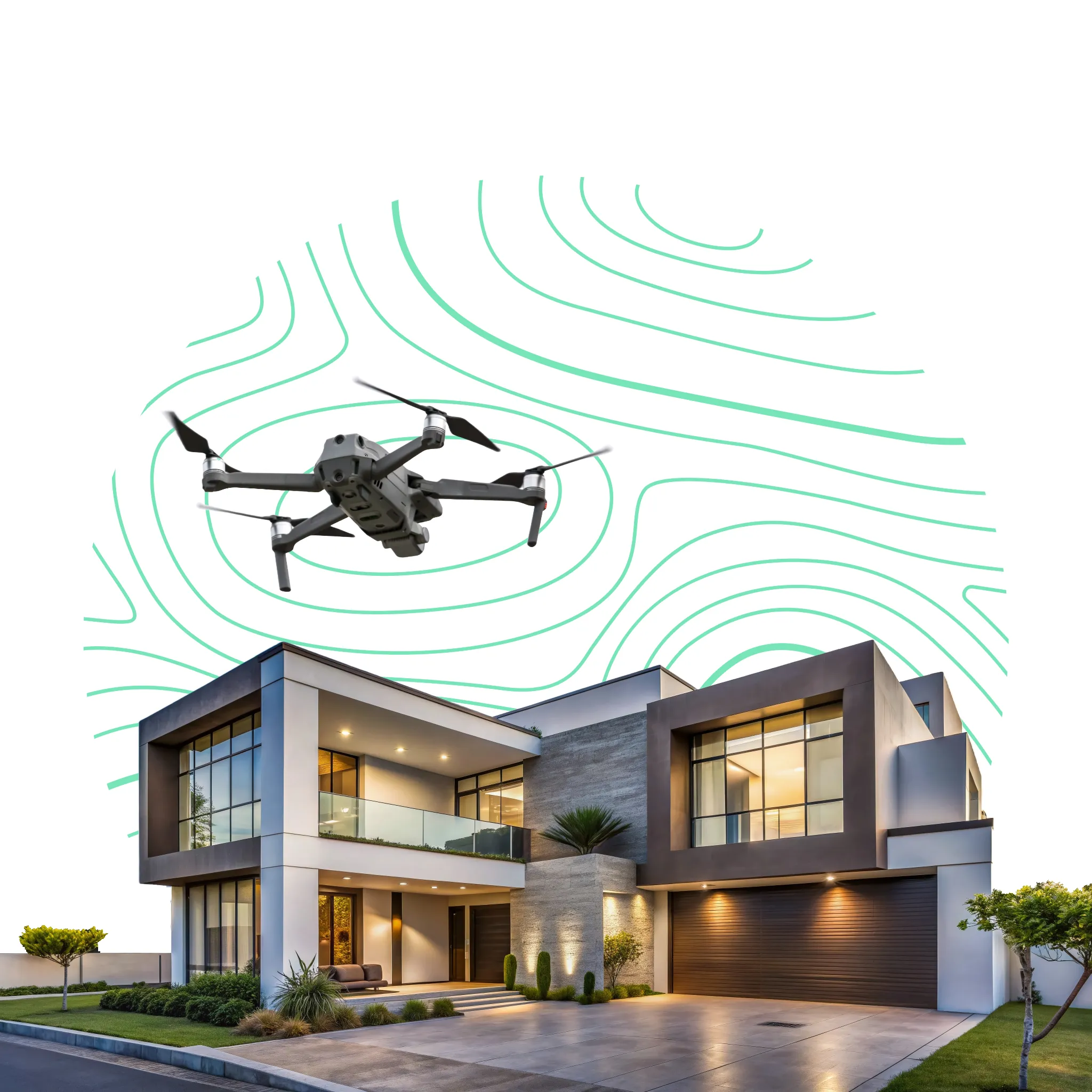 Dron monitoreando una residencia para inspección y levantamientos.