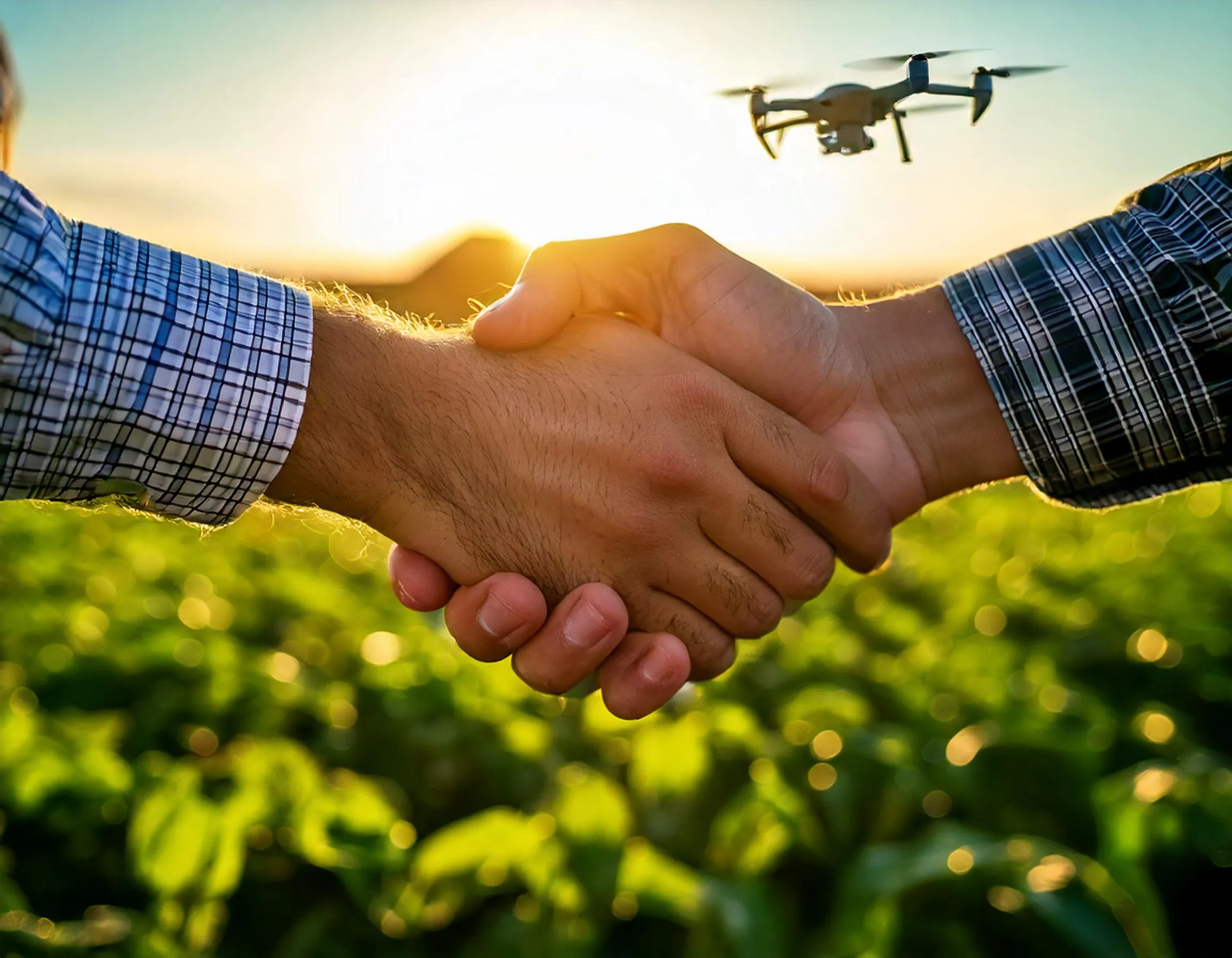 Colaboración agrícola usando drones para monitorear cultivos.