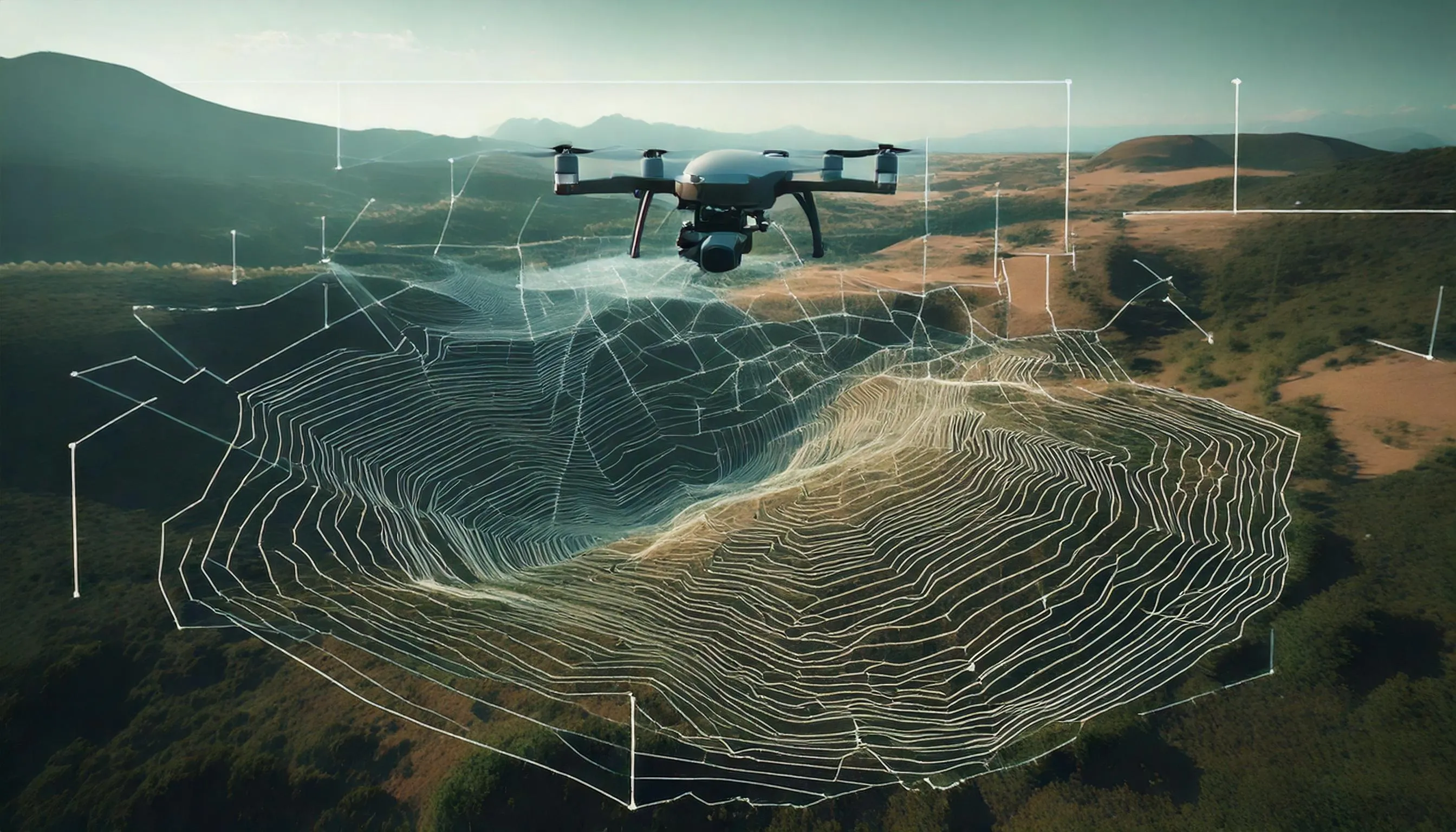Dron capturando datos geoespaciales en tiempo real.