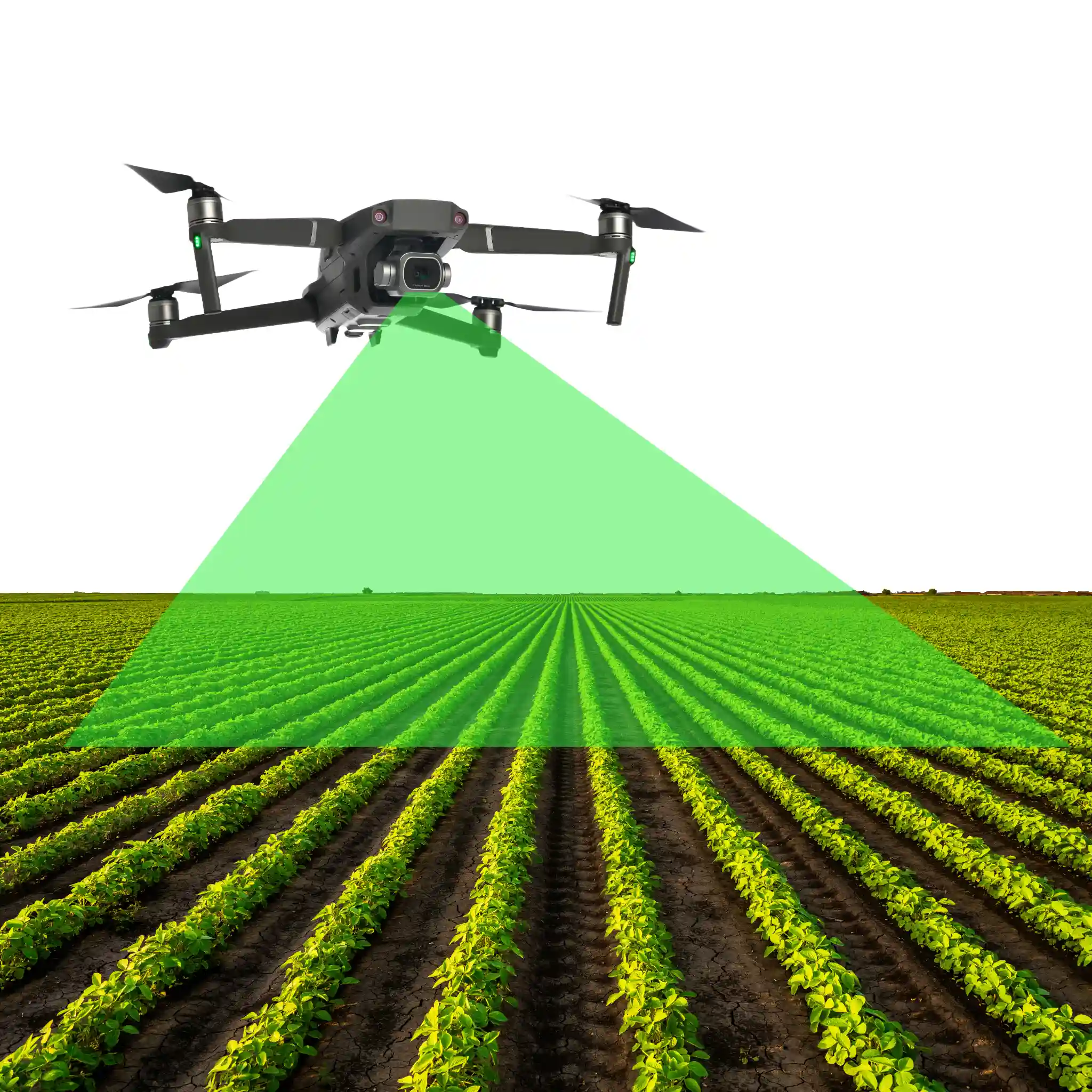 Dron escaneando un campo para generar ortomosaicos y modelos 3D.