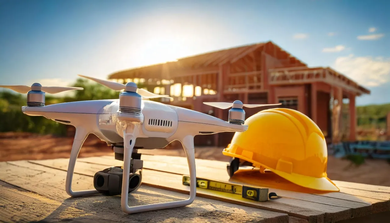 Dron y casco de seguridad en un sitio de construcción para monitoreo de avances.