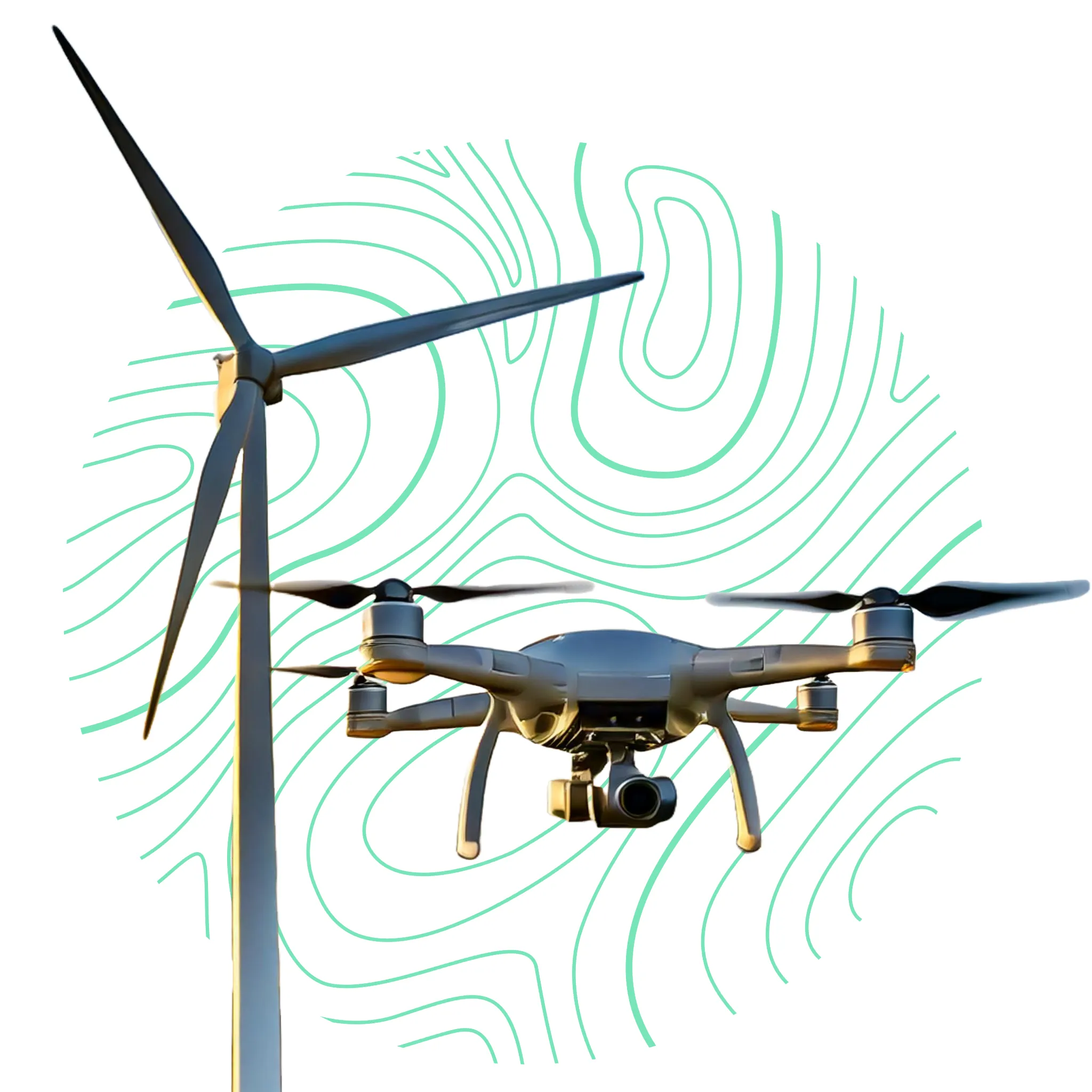 Inspección de turbina eólica con dron para mantenimiento preventivo.
