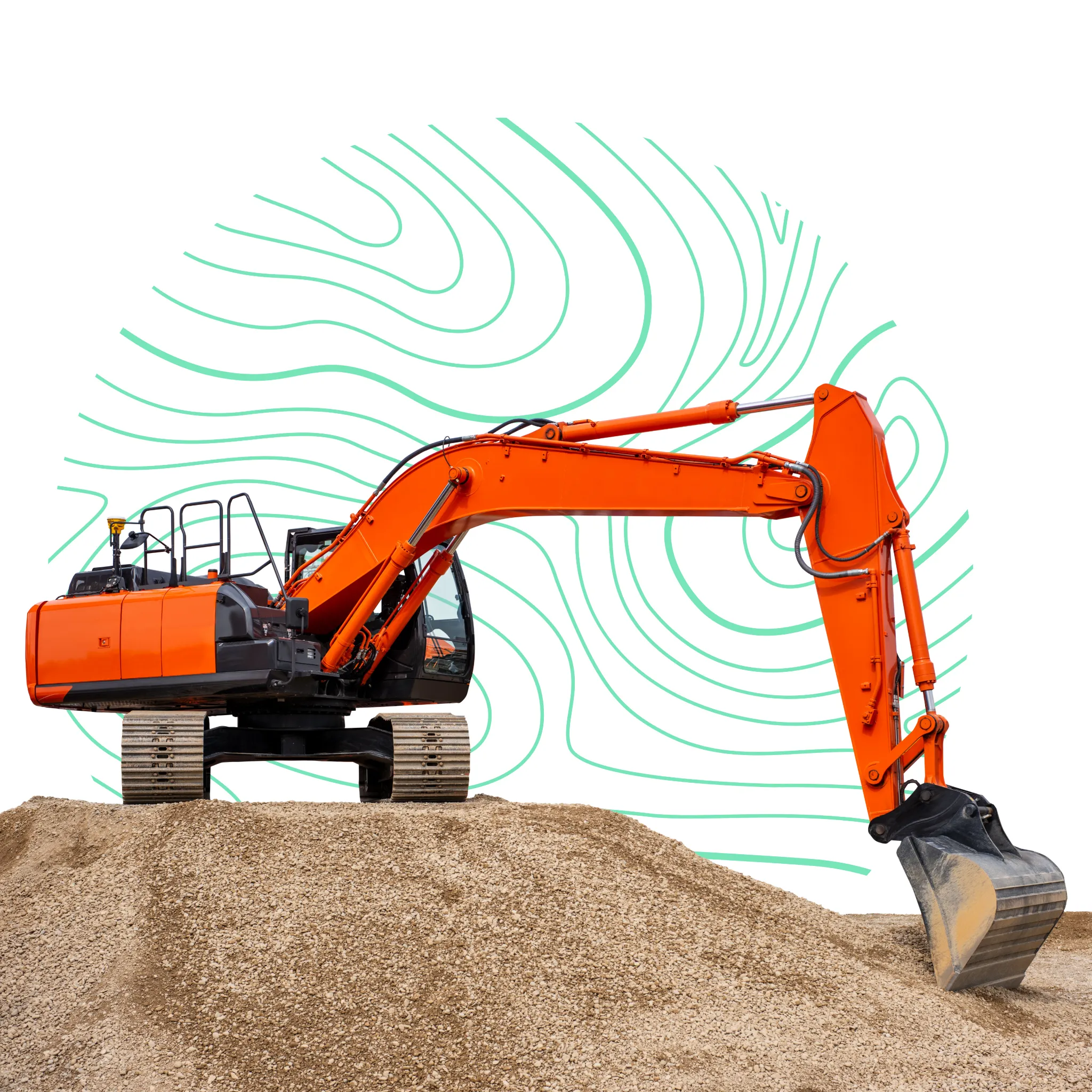 Excavadora trabajando en un sitio con curvas de nivel generadas por drones.