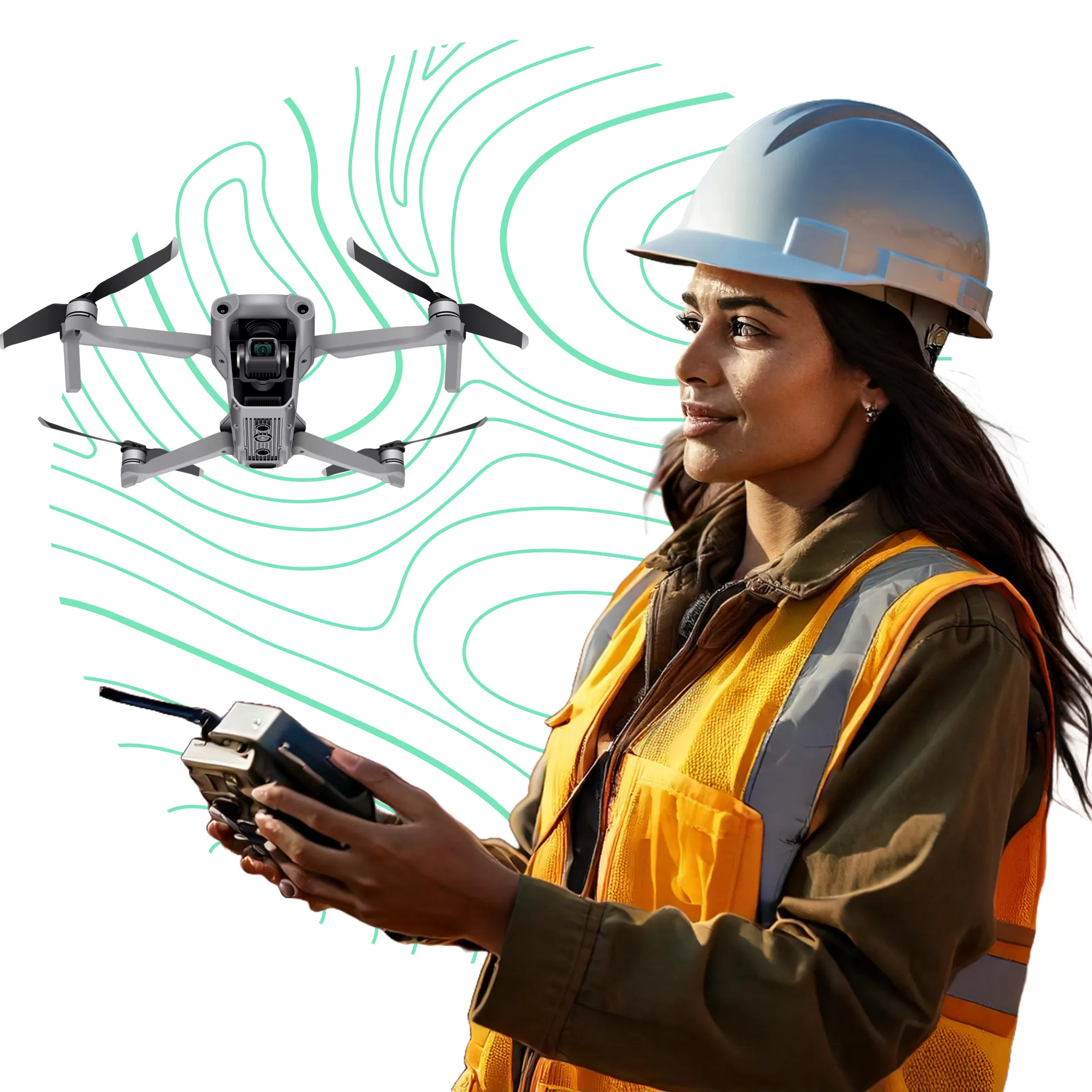 Ingeniera operando un dron para levantamientos geoespaciales.