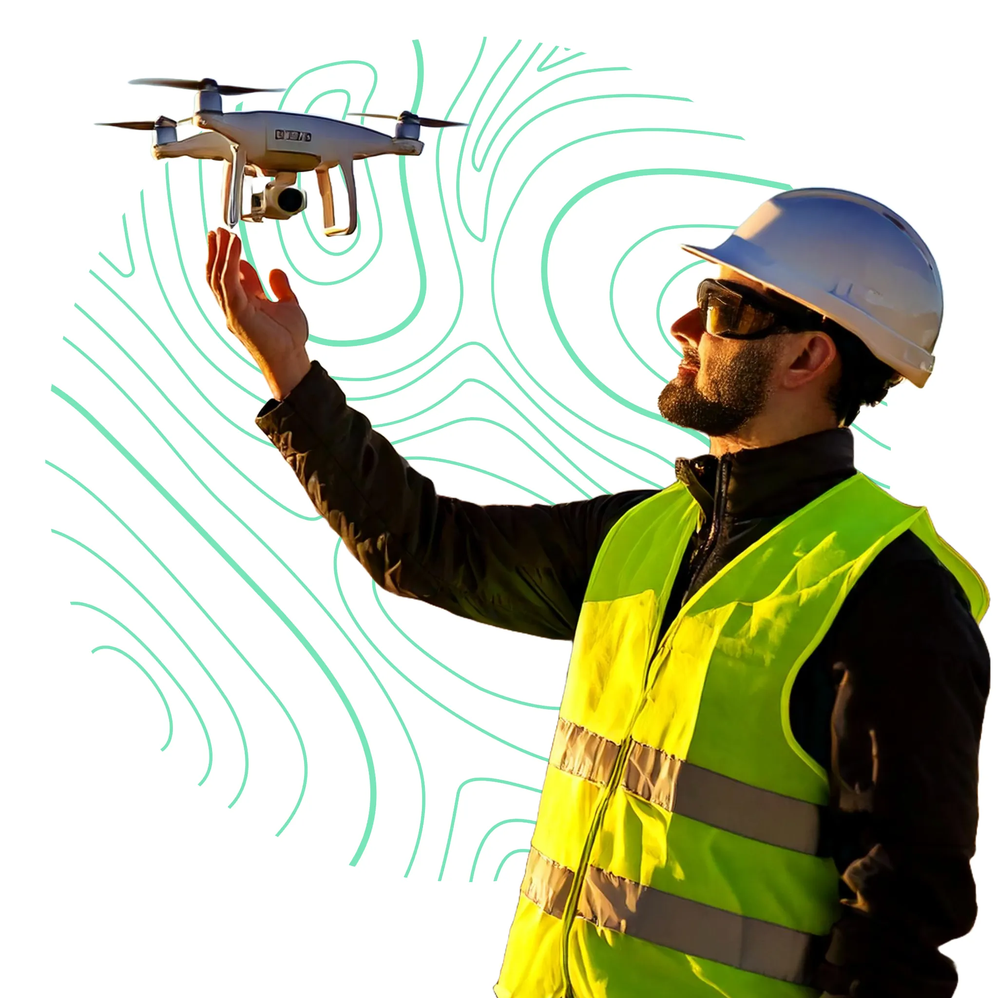 Ingeniero mirando drone en puesta de sol