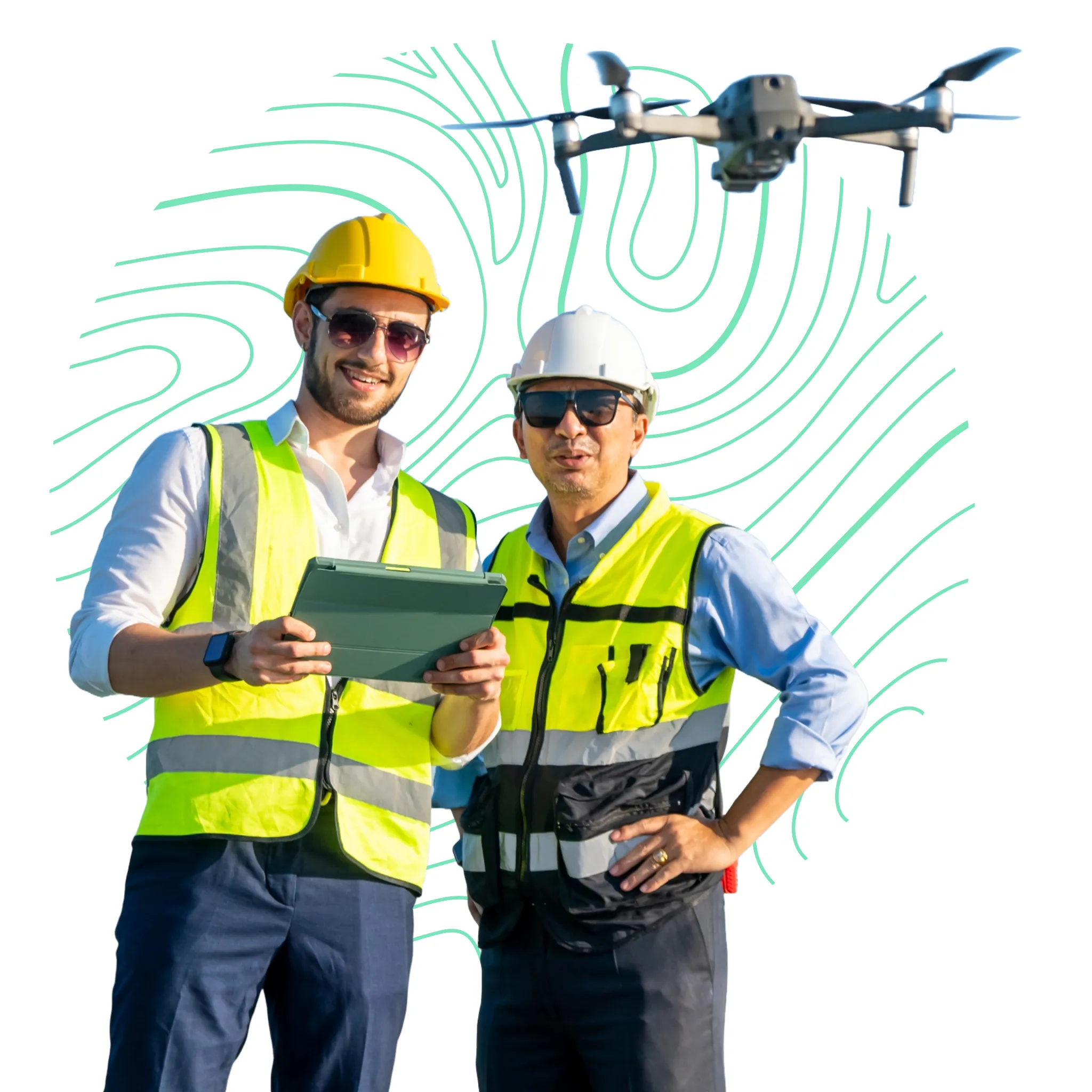 Grupo de ingenieros piloteando drones para un proyecto industrial.