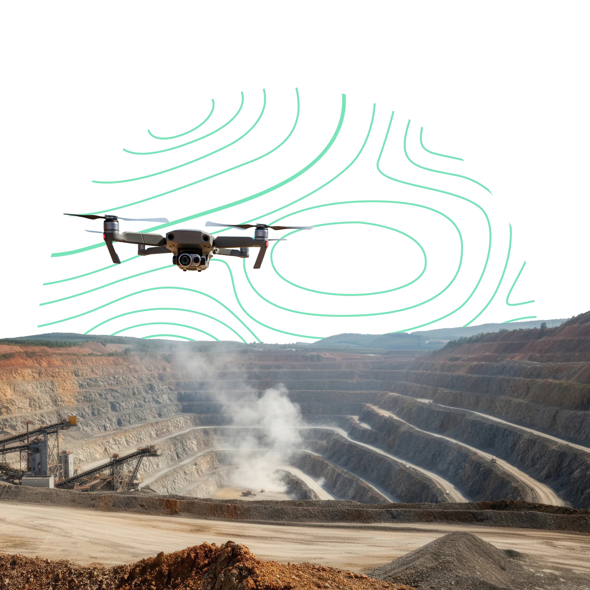 Dron inspeccionando operaciones en una mina para seguridad y análisis de volúmenes.