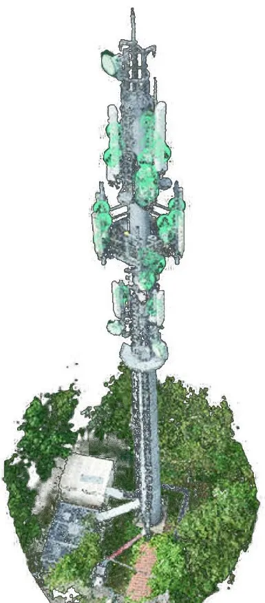 Nube de puntos generada por drones para analizar torres de telecomunicaciones.