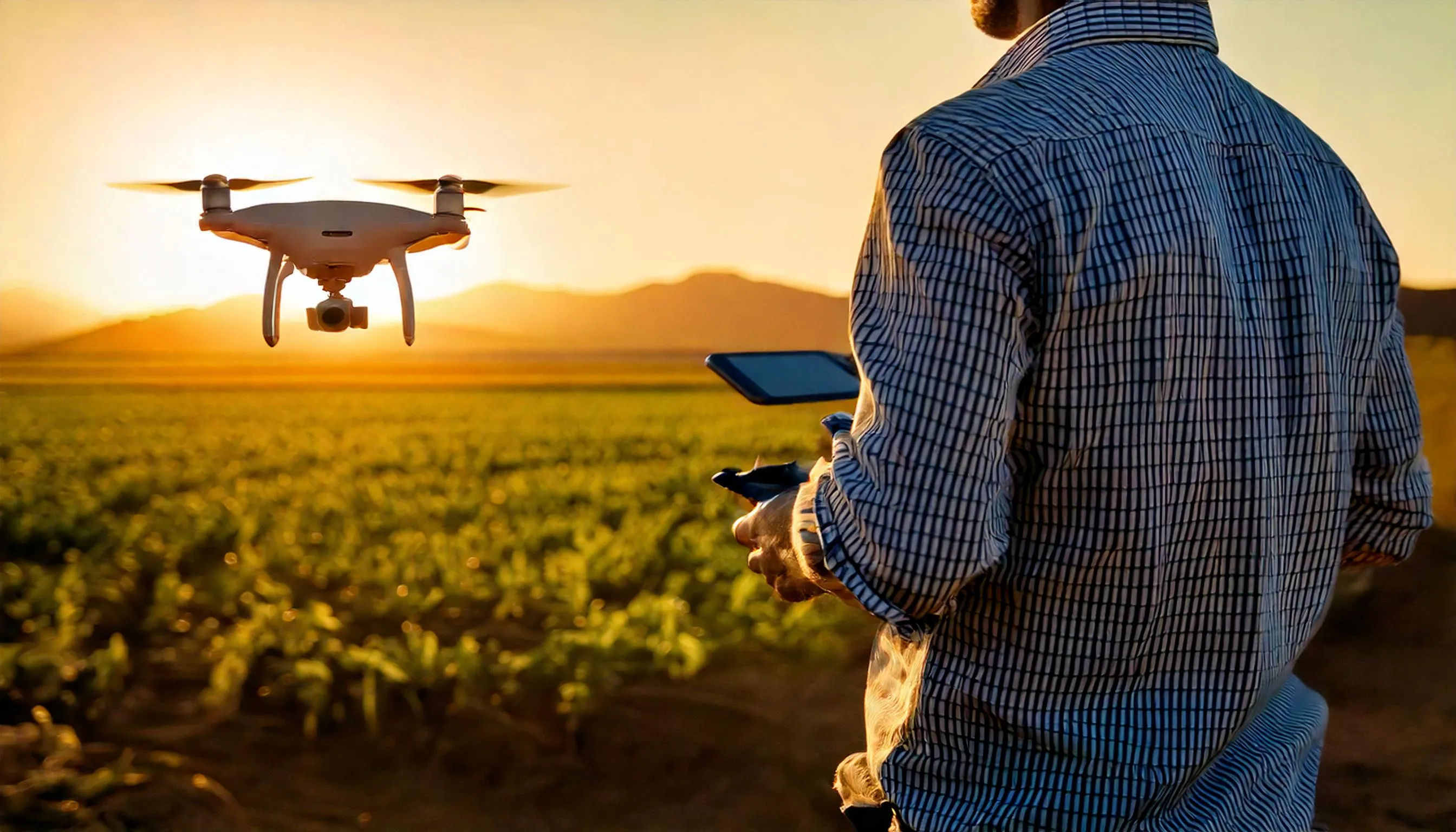 Operador utilizando un dron en un campo de cultivos para monitoreo agrícola.