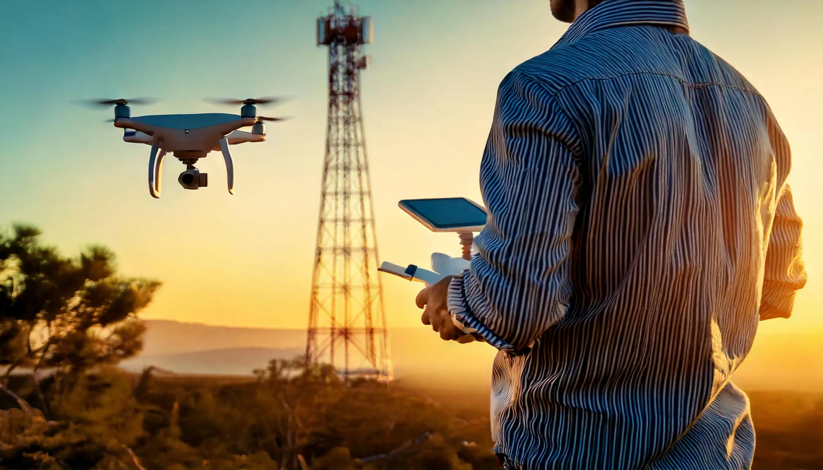 Dron inspeccionando un sitio de telecomunicaciones con un operador en control.