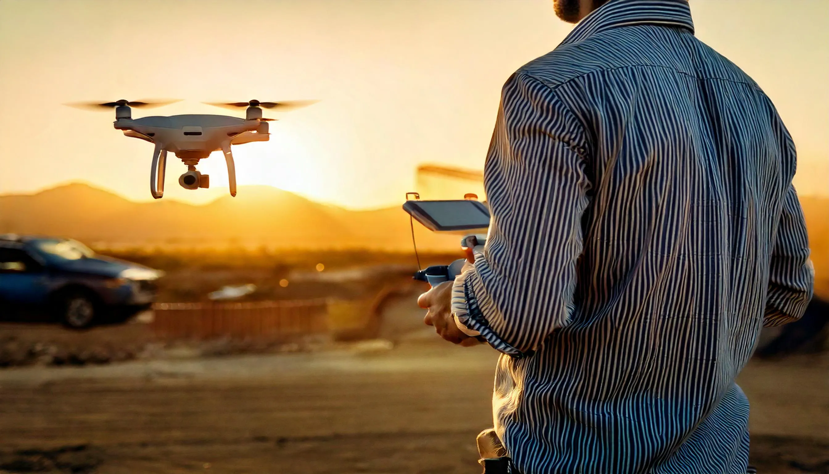 Operador de drone en sitio en construcción.