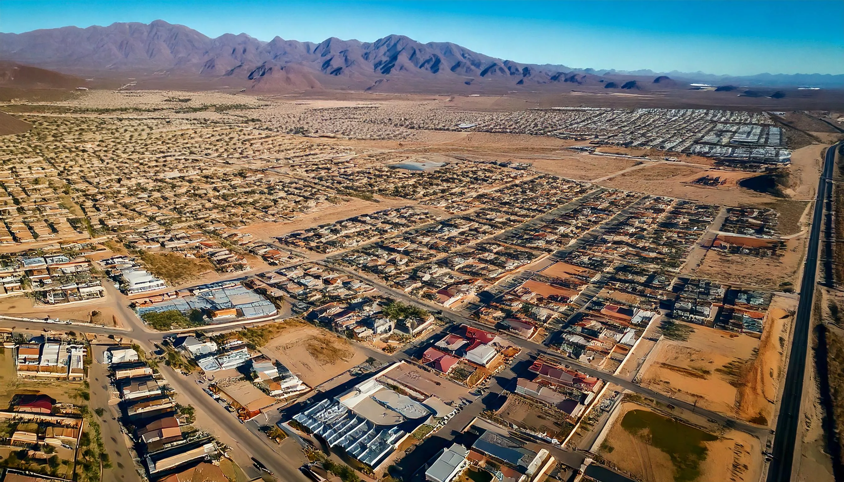 Captura aérea de una ciudad en el desierto con análisis geoespacial.