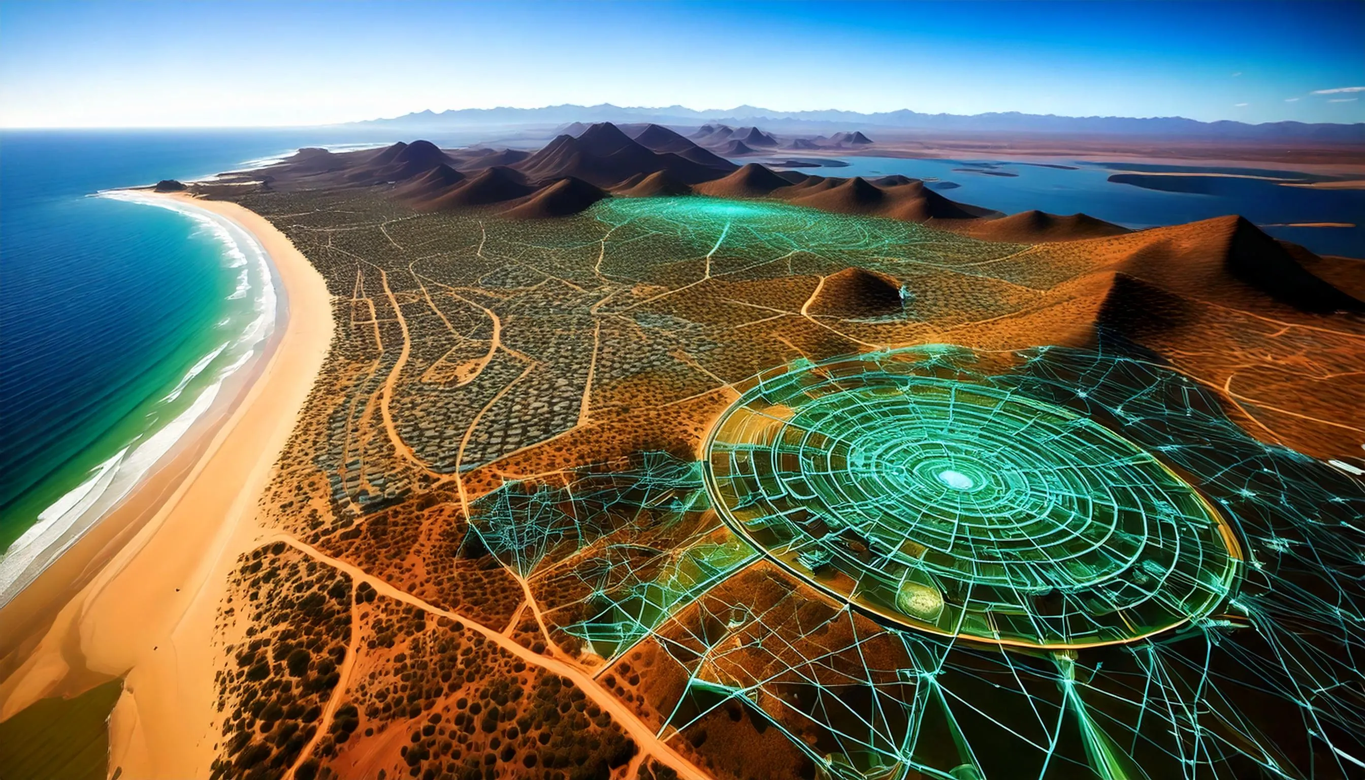 Vista aérea del desierto con datos generados por drones para planificación.